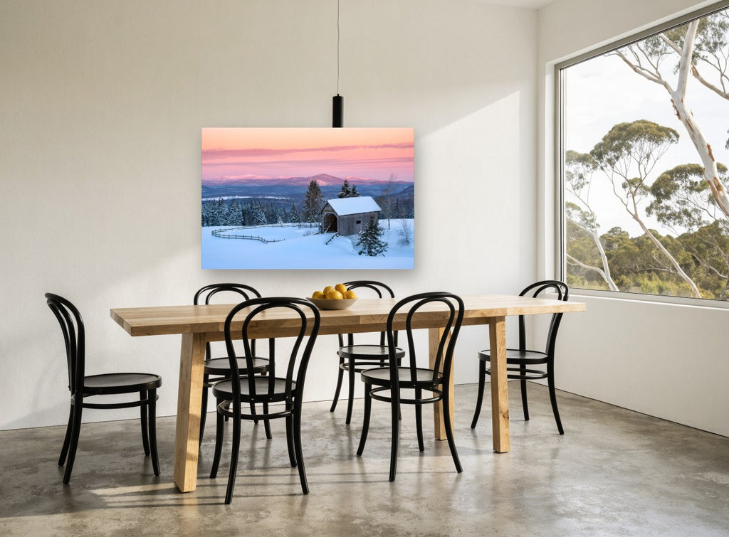 Pink Dawn Covered Bridge landscape canvas print on the wall of a dining room