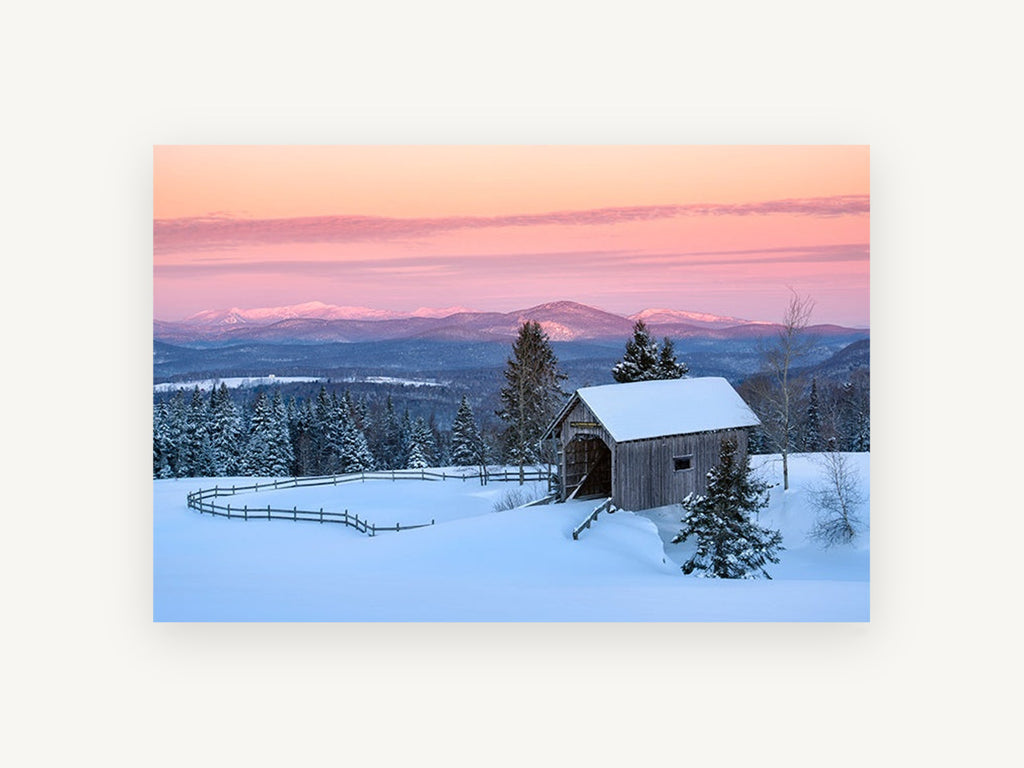 Pink Dawn Covered Bridge, snowy covered bridge dawn photograph, landscape canvas wall art print, front view