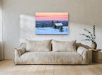 Pink Dawn Covered Bridge landscape canvas print on the wall of a living room