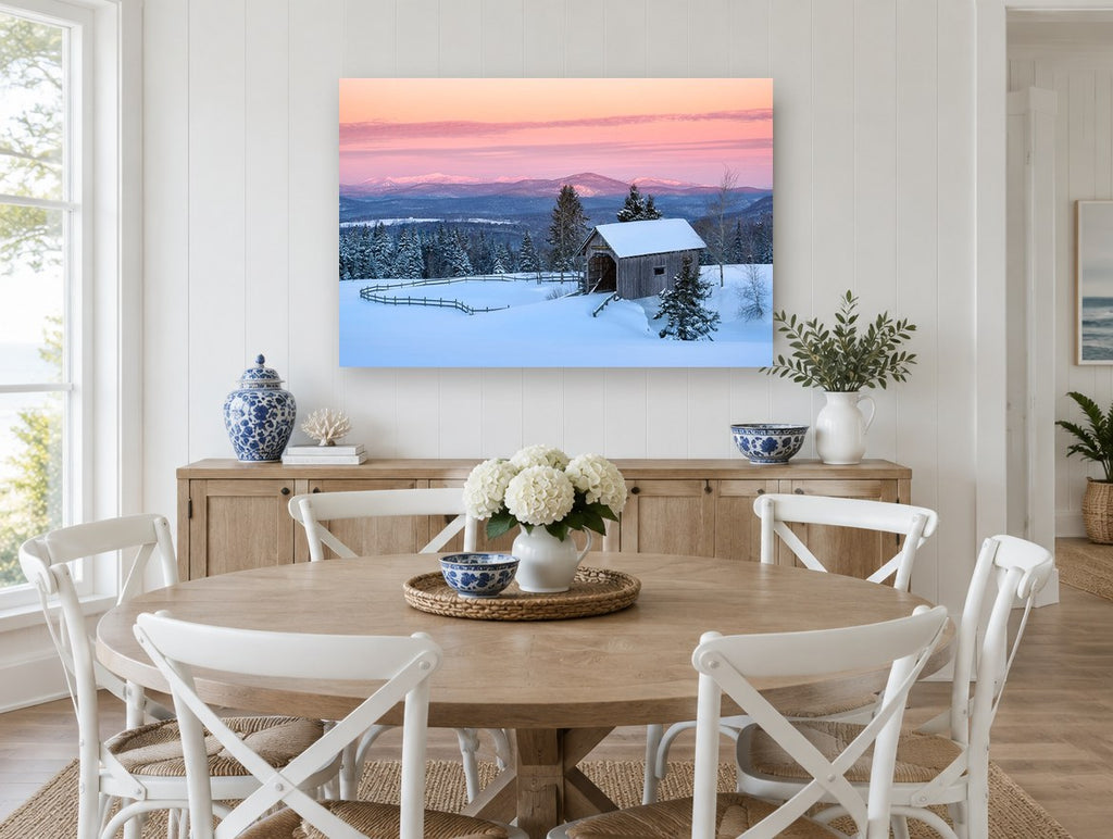 Pink Dawn Covered Bridge landscape canvas print on the wall of a Hamptons dining room