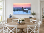Pink Dawn Covered Bridge landscape canvas print on the wall of a Hamptons dining room
