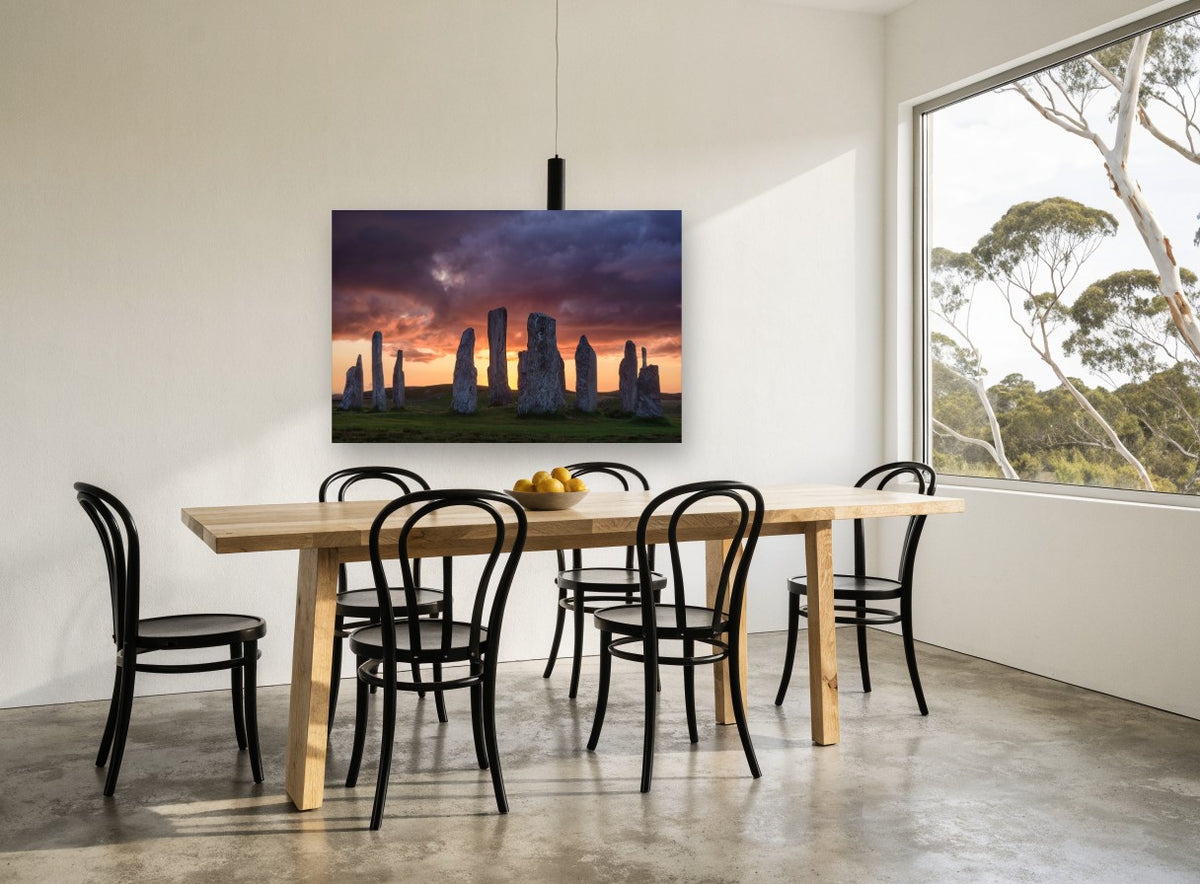 Standing Stones Dusk landscape canvas print on the wall of a dining room