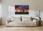 Standing Stones Dusk landscape canvas print on the wall of a living room