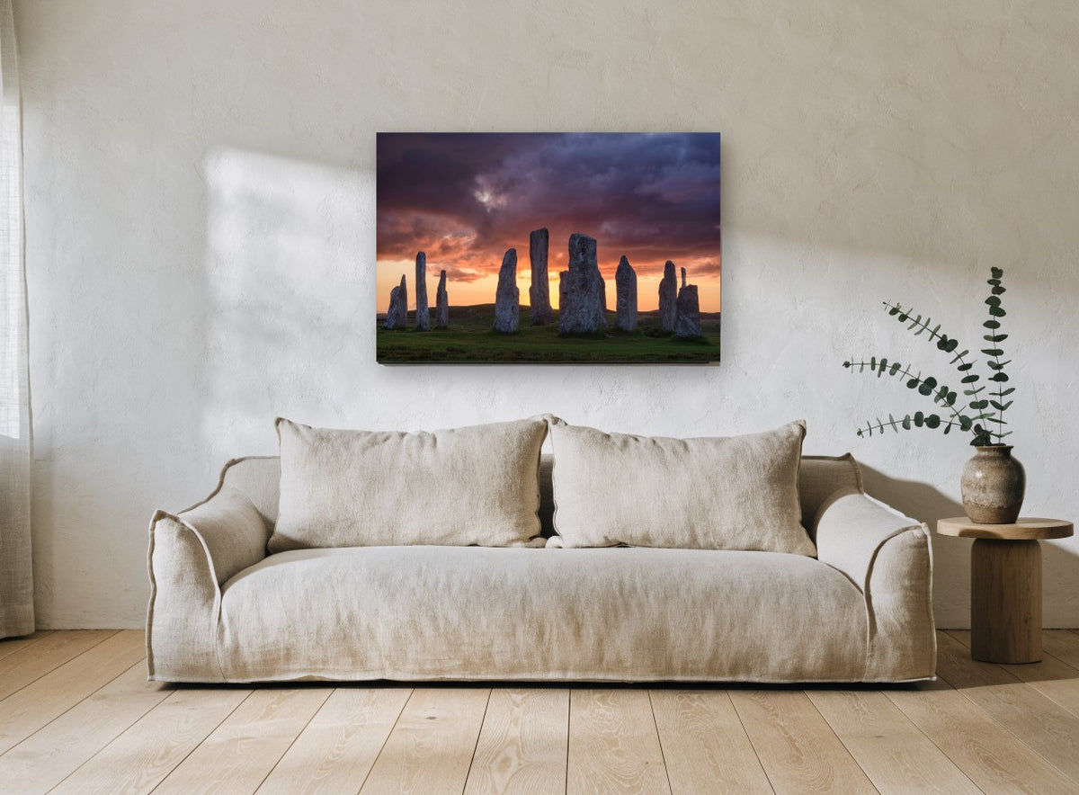 Standing Stones Dusk landscape canvas print on the wall of a living room