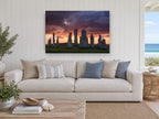 Standing Stones Dusk landscape canvas print on the wall of a beach house living room