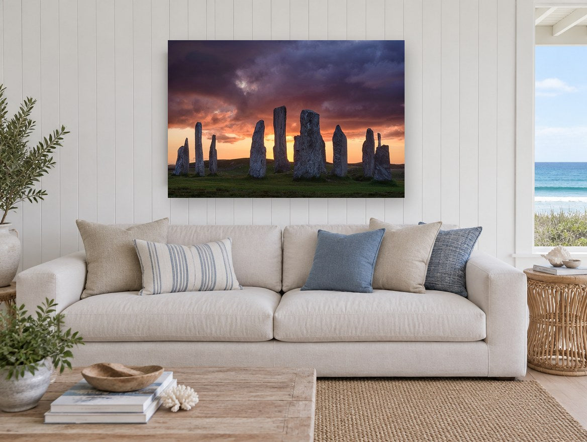 Standing Stones Dusk landscape canvas print on the wall of a beach house living room