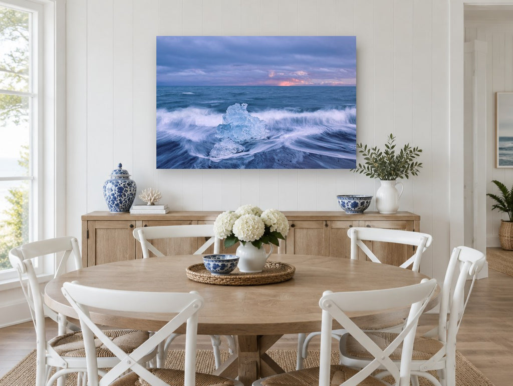 Ice in the Surf coastal canvas print on the wall of a Hamptons dining room