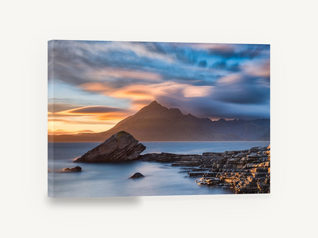 Elgol Dusk Mountain, elgol sunset mountain seascape photograph, coastal canvas wall art print ready to hang