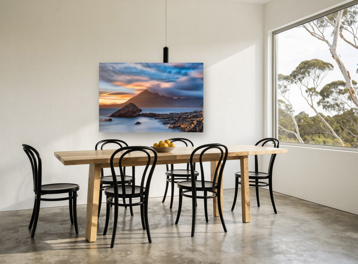 Elgol Dusk Mountain coastal canvas print on the wall of a dining room