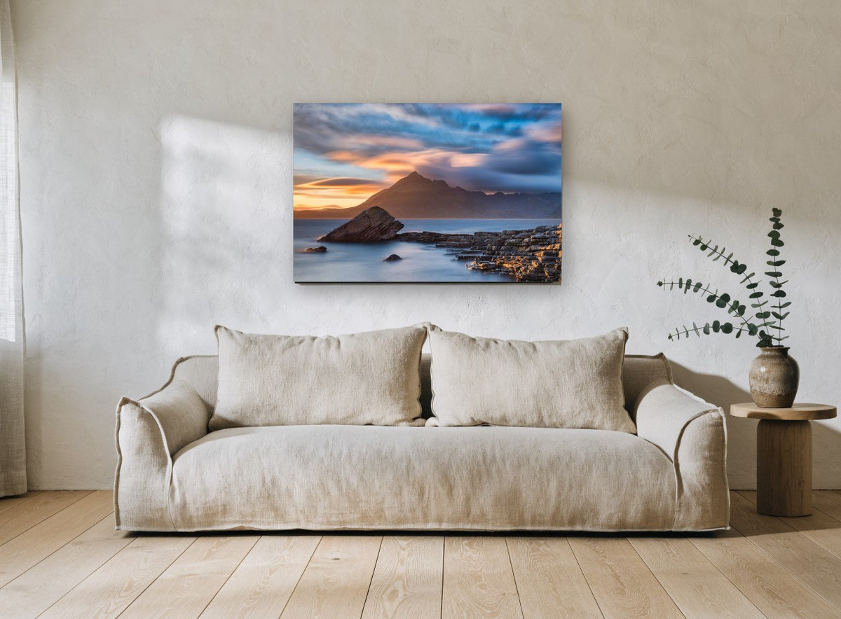 Elgol Dusk Mountain coastal canvas print on the wall of a living room