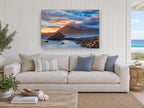 Elgol Dusk Mountain coastal canvas print on the wall of a beach house living room