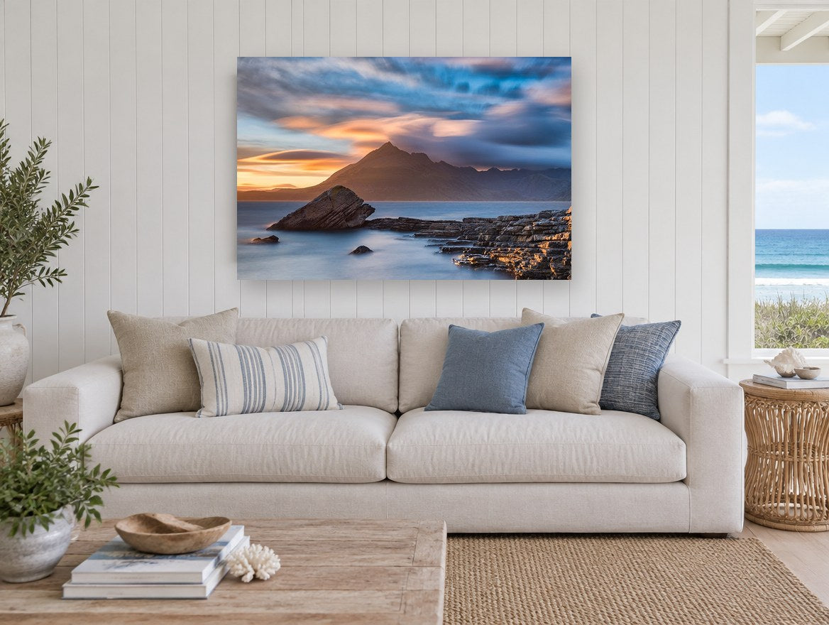 Elgol Dusk Mountain coastal canvas print on the wall of a beach house living room