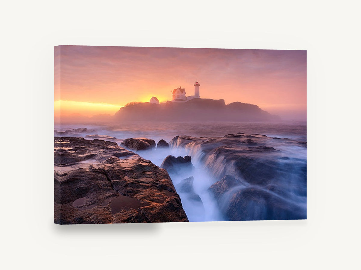 Lighthouse Dawn Tide, lighthouse sunrise rocky coast photograph, coastal canvas wall art print ready to hang