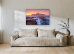 Lighthouse Dawn Tide coastal canvas print on the wall of a living room