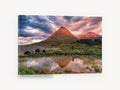 Glowing Peak Reflection, sunset mountain bridge reflection photograph, landscape canvas wall art print ready to hang
