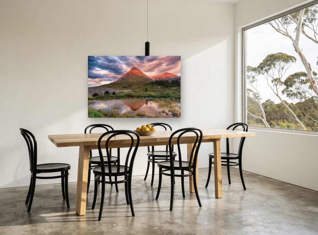 Glowing Peak Reflection landscape canvas print on the wall of a dining room