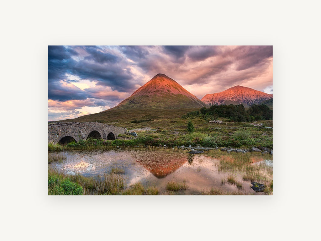 Glowing Peak Reflection, sunset mountain bridge reflection photograph, landscape canvas wall art print, front view