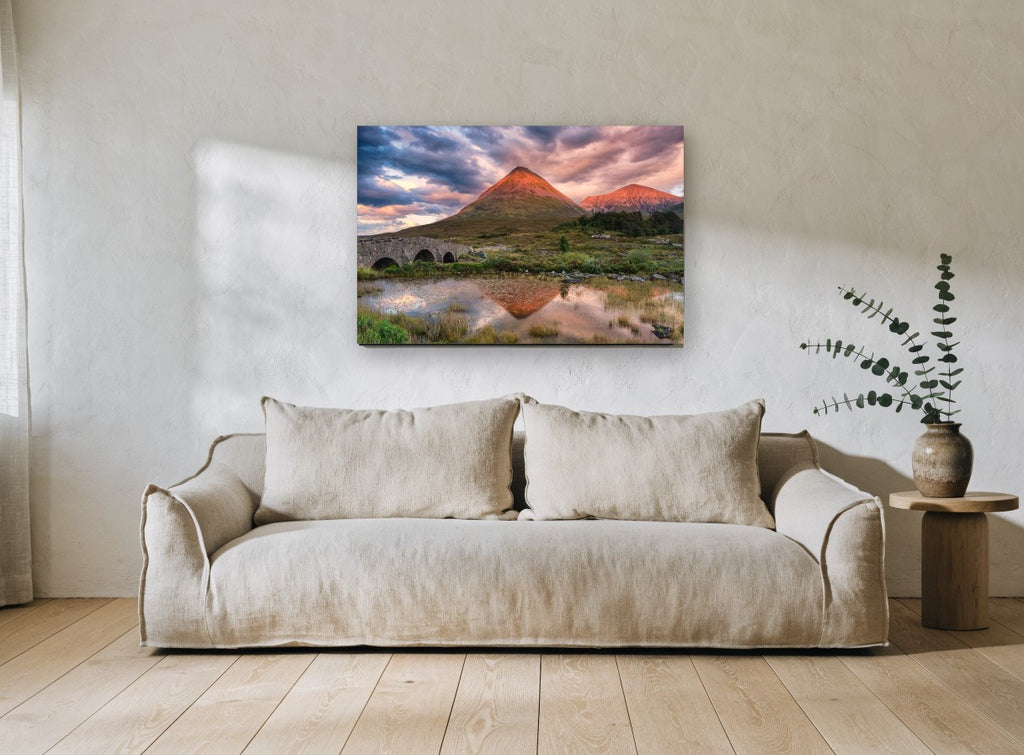 Glowing Peak Reflection landscape canvas print on the wall of a living room