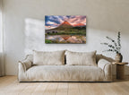 Glowing Peak Reflection landscape canvas print on the wall of a living room