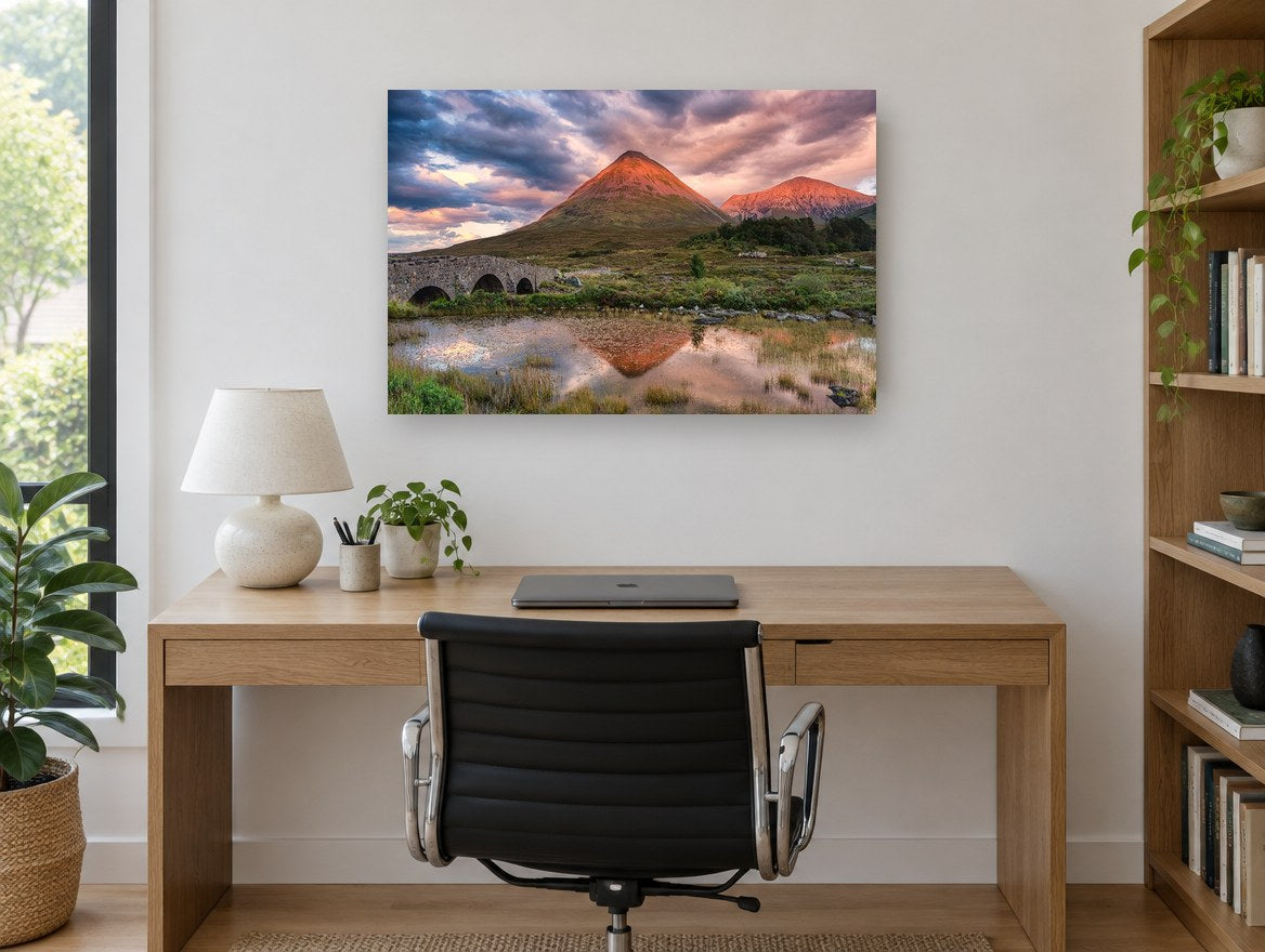 Glowing Peak Reflection landscape canvas print on the wall of a study