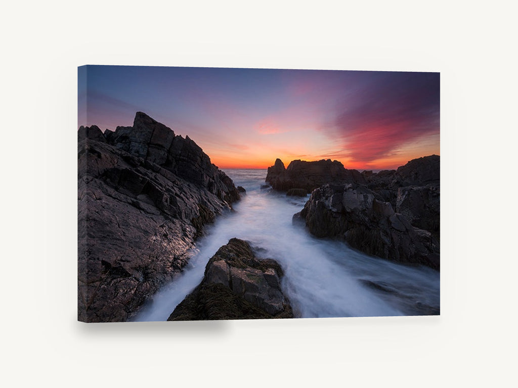 Granite Channel Dusk, sunset rocky coast long exposure photograph, coastal canvas wall art print ready to hang