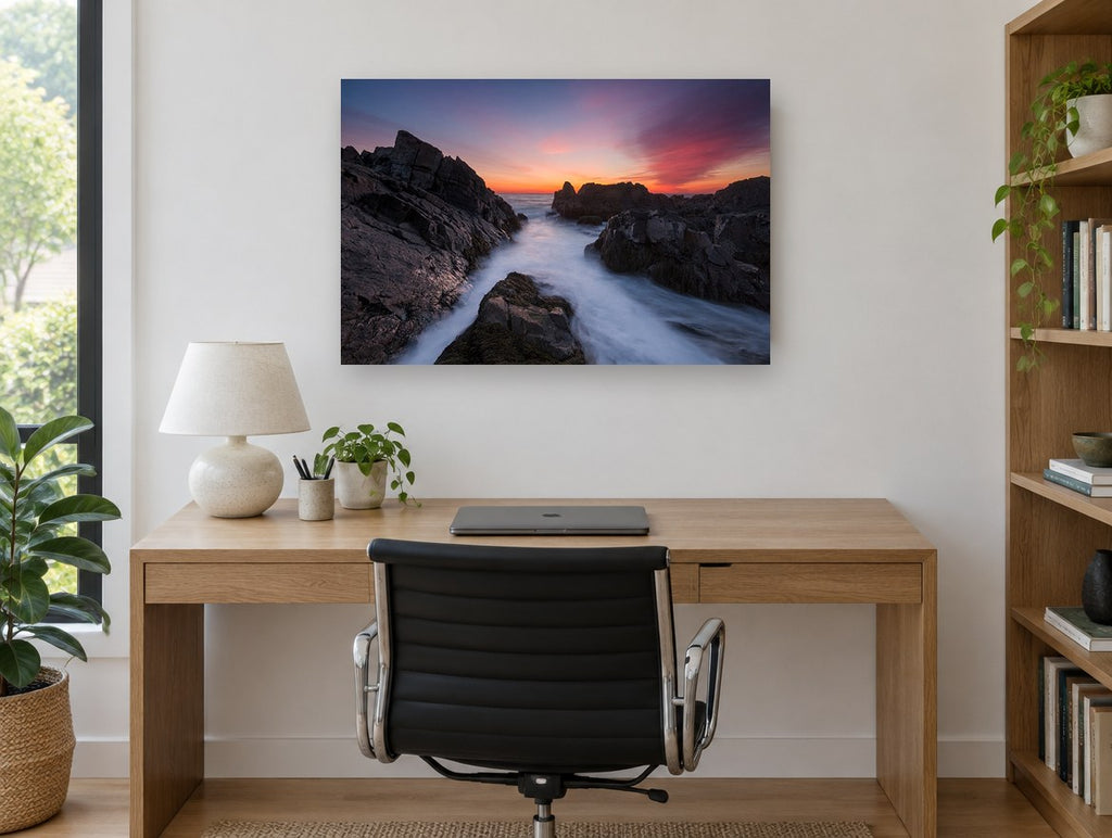 Granite Channel Dusk coastal canvas print on the wall of a study