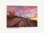 Lighthouse Granite Dawn, lighthouse sunset rocky coast photograph, coastal canvas wall art print ready to hang