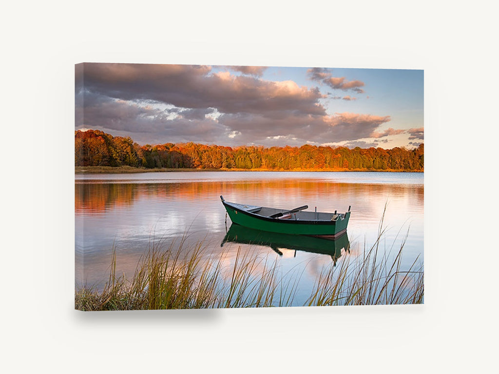 Green Boat at Dusk, green rowboat autumn lake photograph, landscape canvas wall art print ready to hang