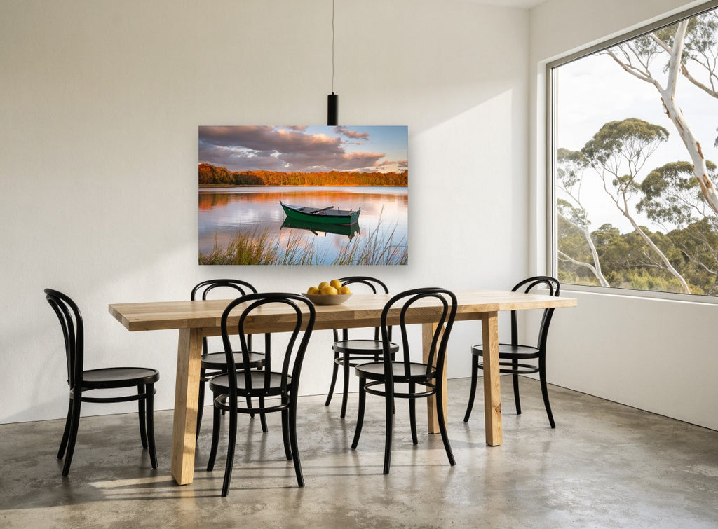 Green Boat at Dusk landscape canvas print on the wall of a dining room