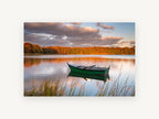 Green Boat at Dusk, green rowboat autumn lake photograph, landscape canvas wall art print, front view
