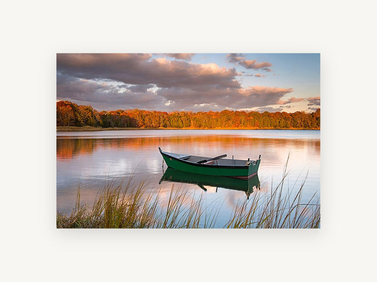 Green Boat at Dusk, green rowboat autumn lake photograph, landscape canvas wall art print, front view