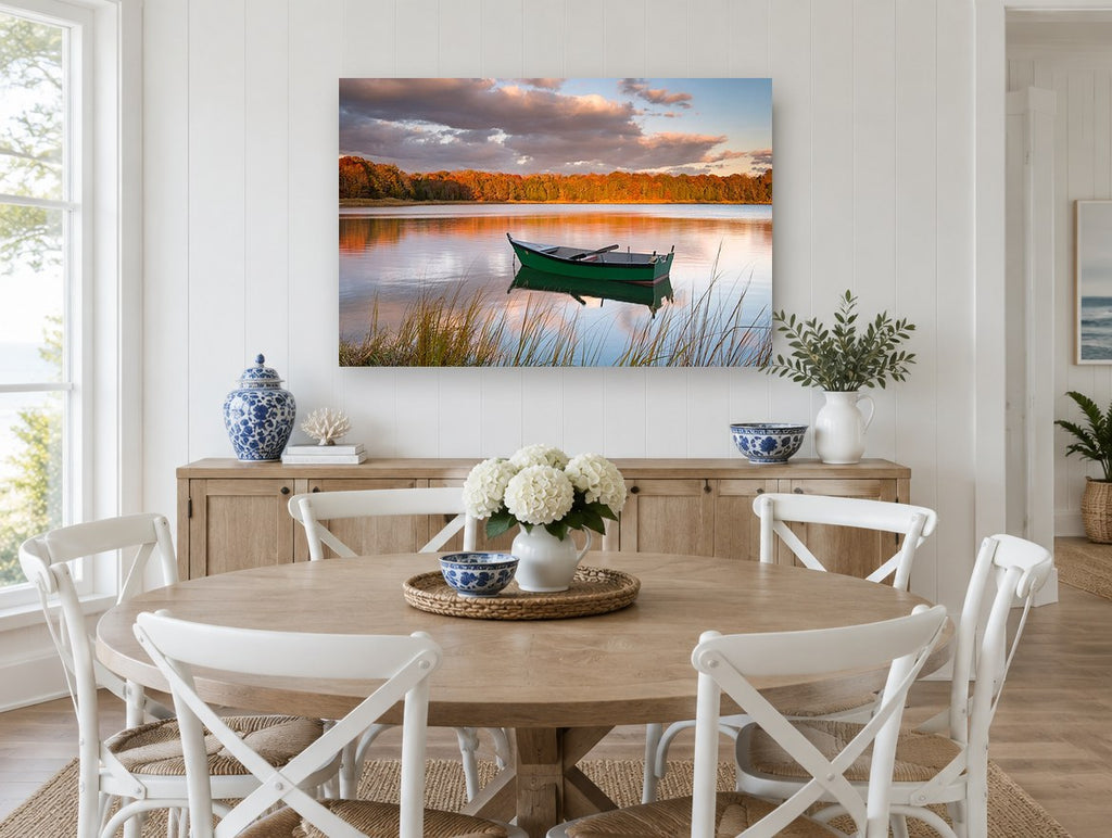 Green Boat at Dusk landscape canvas print on the wall of a Hamptons dining room