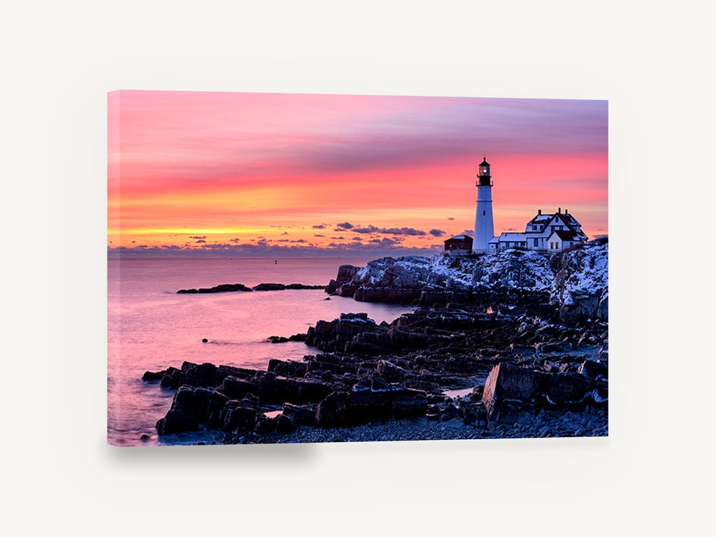 Lighthouse Dawn Glow, lighthouse sunrise rocky coast photograph, coastal canvas wall art print ready to hang