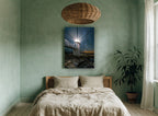 Lighthouse Under Milky Way coastal canvas print on the wall of a bedroom