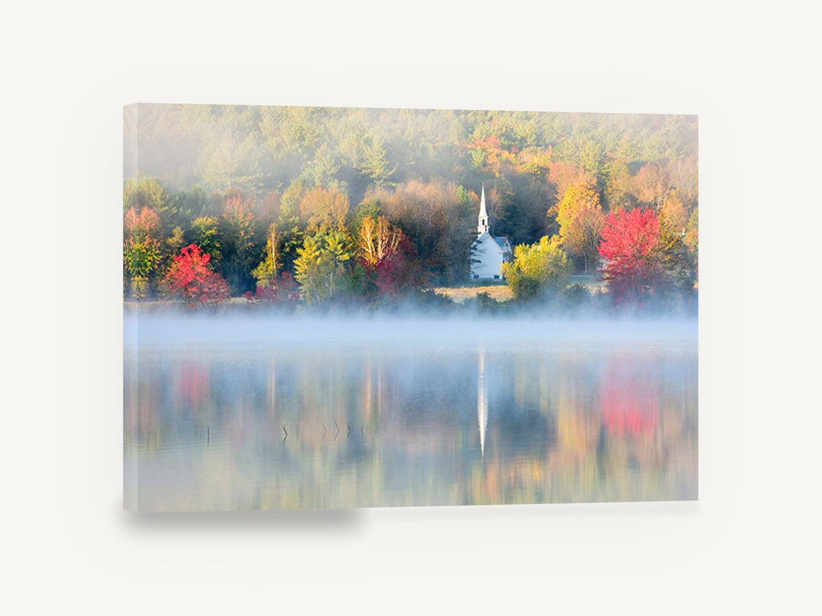 Autumn Chapel Mist, autumn church lake mist photograph, landscape canvas wall art print ready to hang