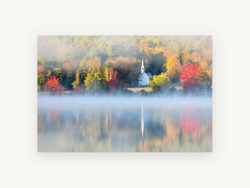 Autumn Chapel Mist, autumn church lake mist photograph, landscape canvas wall art print, front view