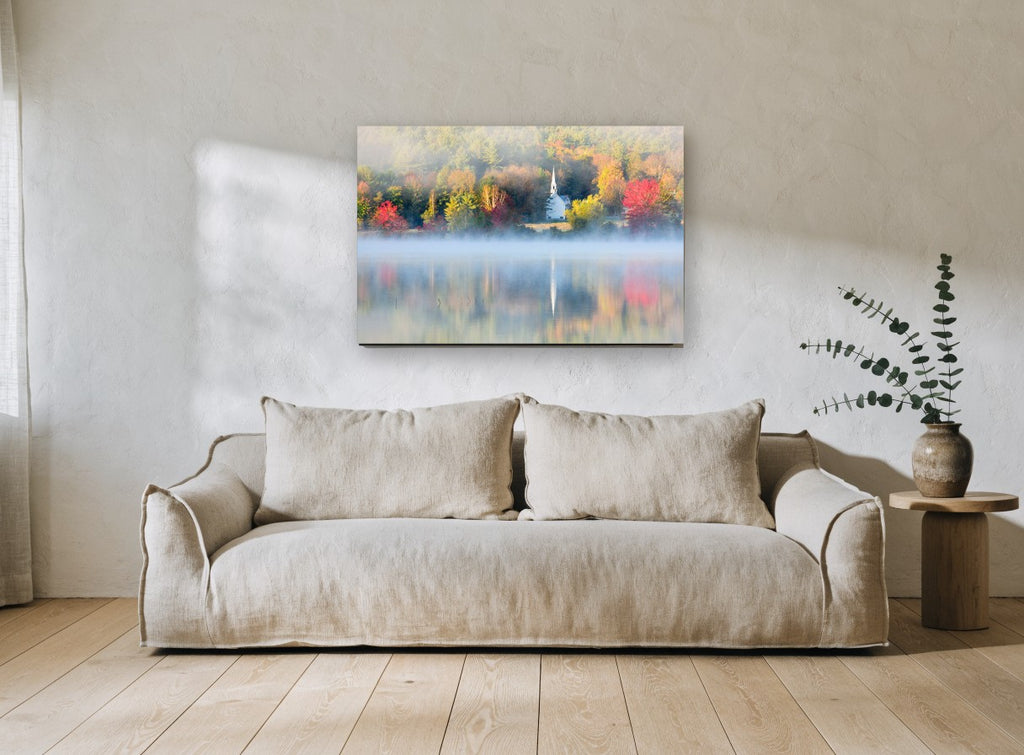 Autumn Chapel Mist landscape canvas print on the wall of a living room