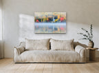 Autumn Chapel Mist landscape canvas print on the wall of a living room