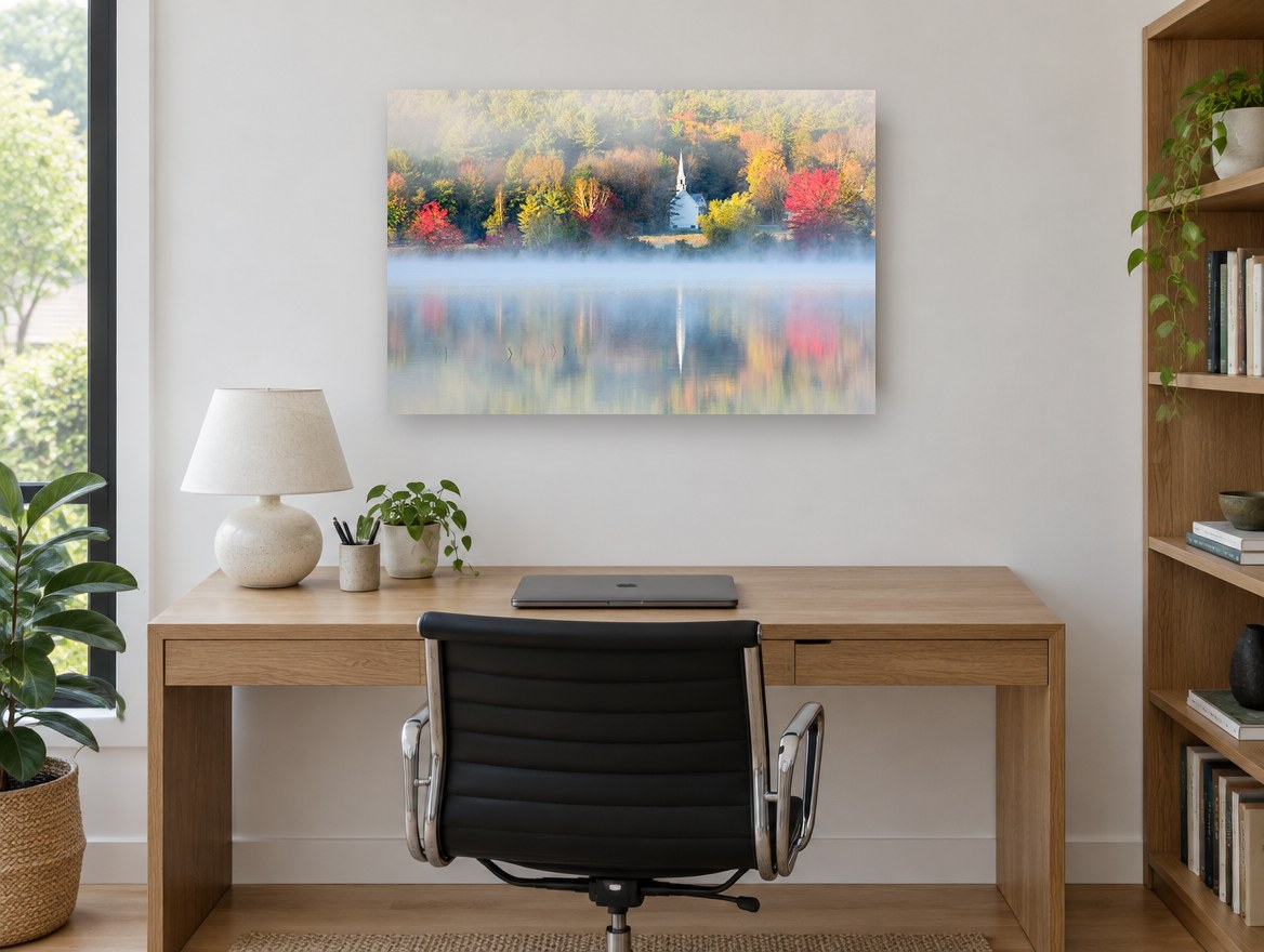 Autumn Chapel Mist landscape canvas print on the wall of a study
