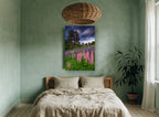 Lupine Hill Storm floral canvas print on the wall of a bedroom