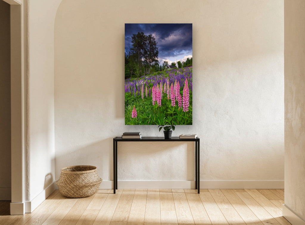 Lupine Hill Storm floral canvas print on the wall of a hallway