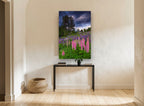 Lupine Hill Storm floral canvas print on the wall of a hallway