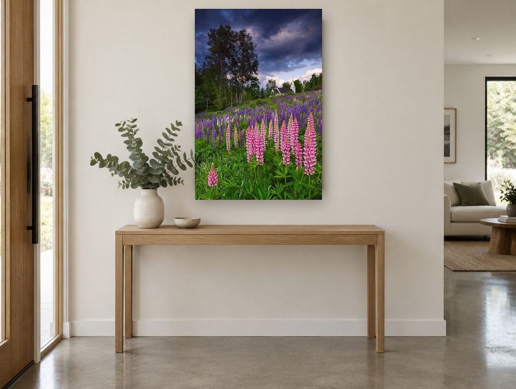 Lupine Hill Storm floral canvas print on the wall of a entry hall