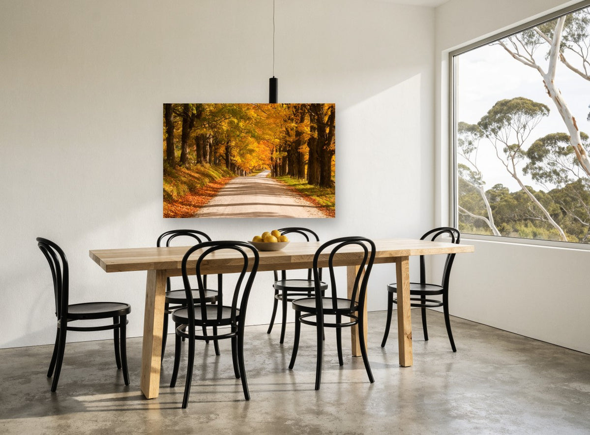 Golden Maple Lane landscape canvas print on the wall of a dining room