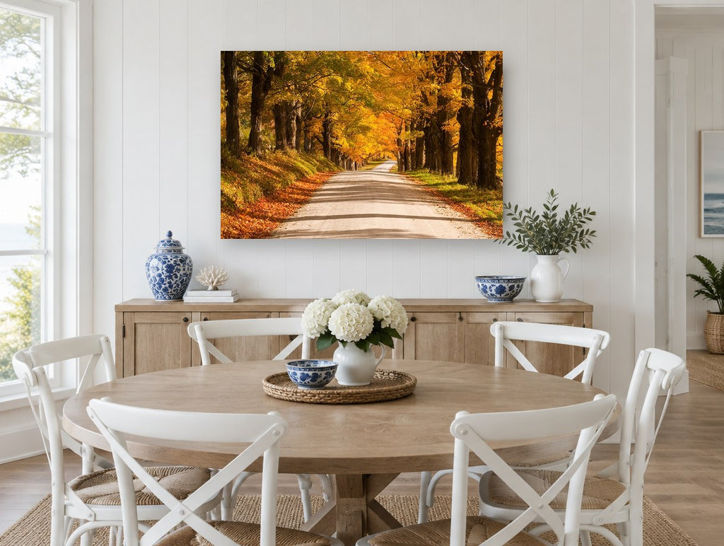 Golden Maple Lane landscape canvas print on the wall of a Hamptons dining room