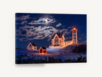 Moonlit Lighthouse Christmas, snowy lighthouse night photograph, landscape canvas wall art print ready to hang
