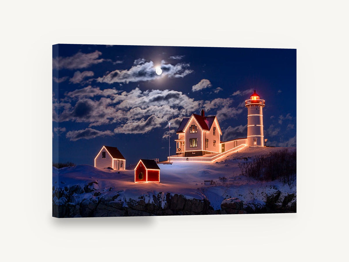 Moonlit Lighthouse Christmas, snowy lighthouse night photograph, landscape canvas wall art print ready to hang