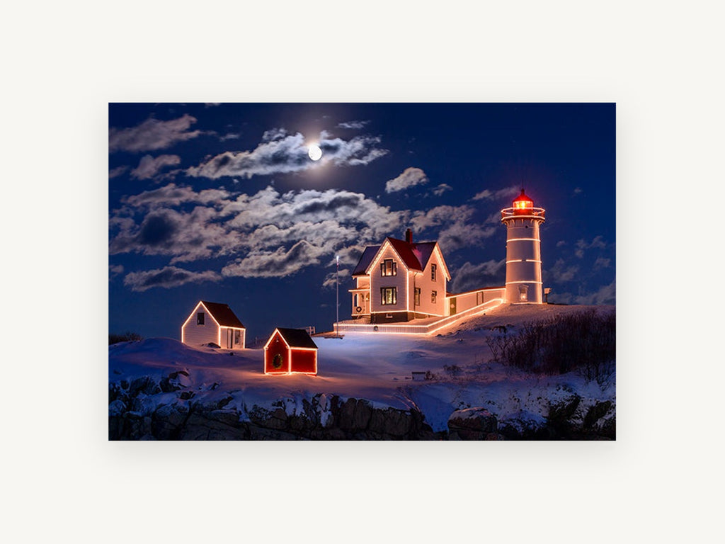 Moonlit Lighthouse Christmas, snowy lighthouse night photograph, landscape canvas wall art print, front view