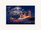 Moonlit Lighthouse Christmas, snowy lighthouse night photograph, landscape canvas wall art print, front view