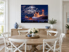 Moonlit Lighthouse Christmas landscape canvas print on the wall of a Hamptons dining room
